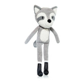 Gray and white raccoon plush toy with long flexible limbs, wearing black lace-up boots, on a white background.